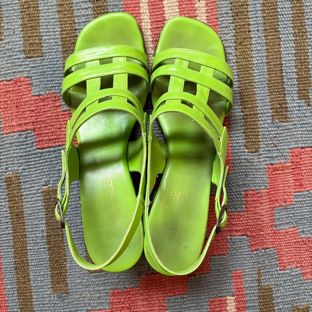 Vtg 60s 70s Lime Green Leather Strappy Heeled Sandals 6-6.5 made in italy - Picture 2 of 9